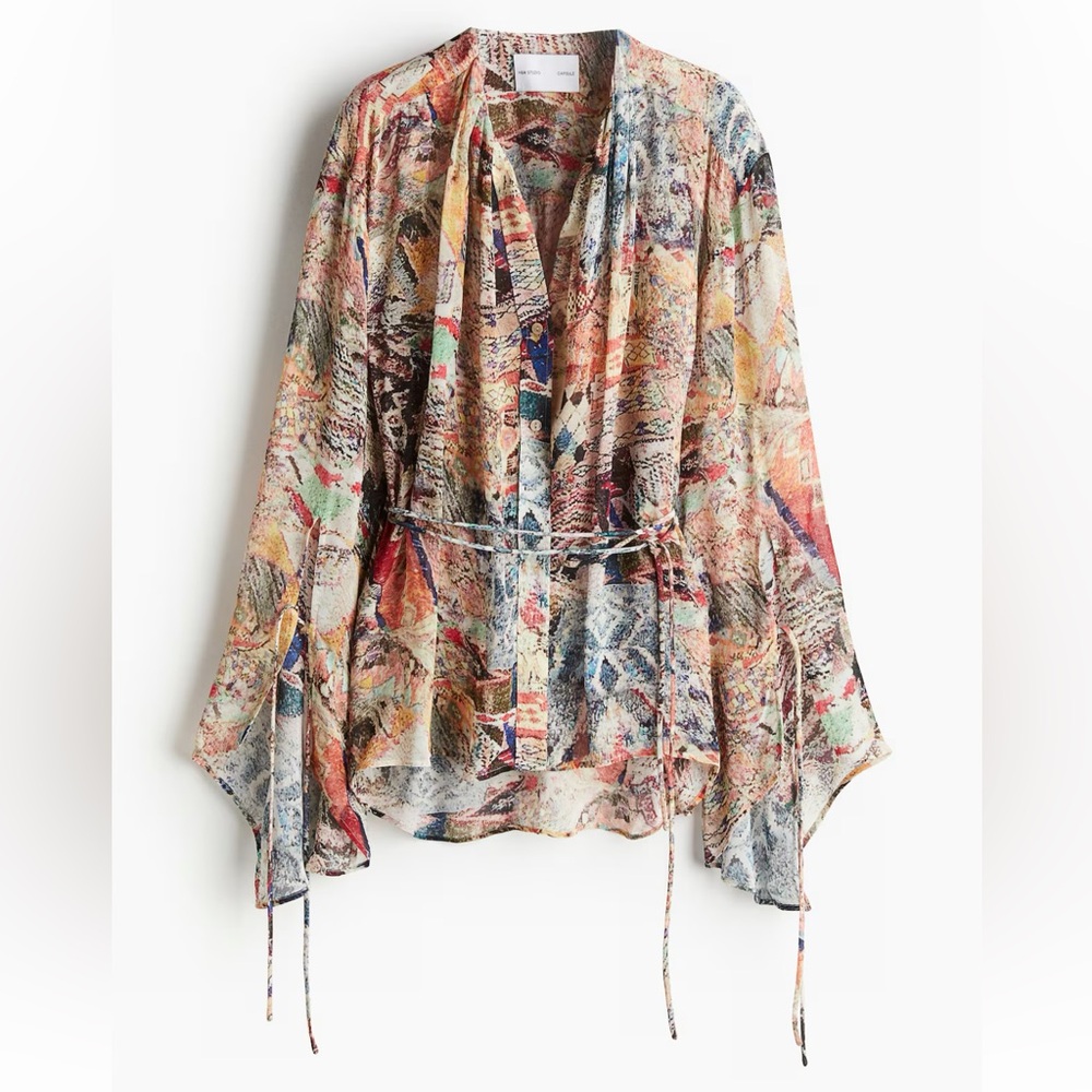 H&M Red and Blue Asymmetrical Bell Sleeve Blouse